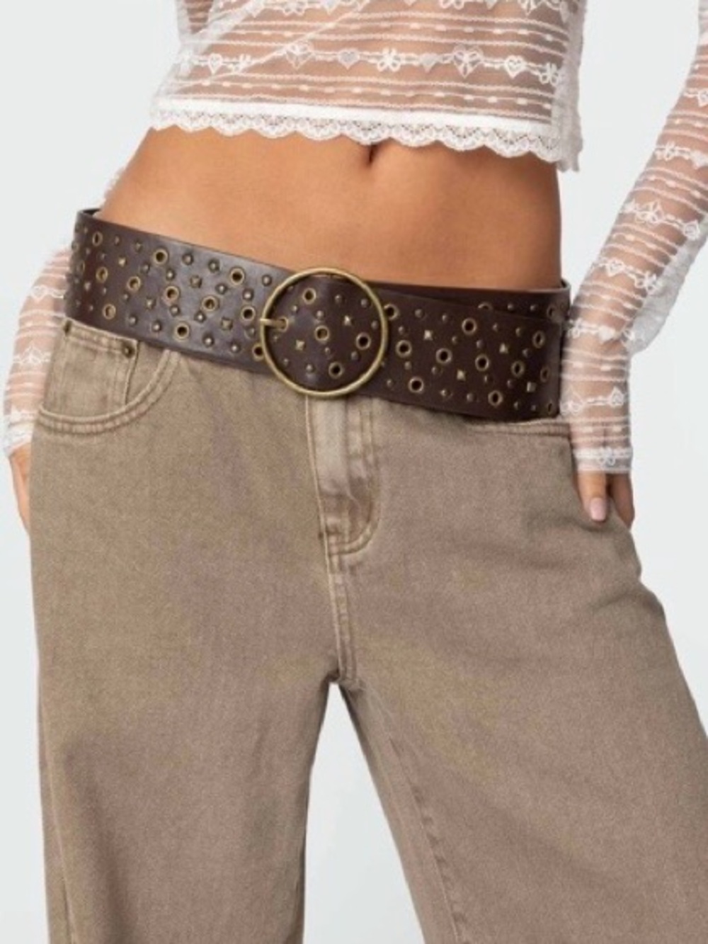 Edikted Dark Brown Grommet Belt with Round Brass-Tone Buckle